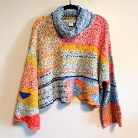 Sincerely Jules Boho Multicolor Patchwork Knit Cropped Cowl Neck Sweater Size L - Picture 4 of 12